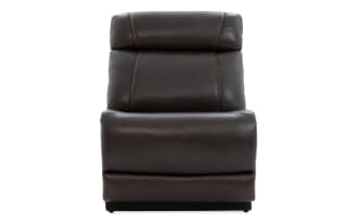 Dark brown leather recliner chair with cushioned backrest and seat, featuring visible stitching and a modern, plush design.