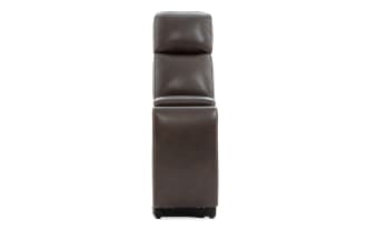 Dark brown leather recliner chair with cushioned backrest and seat, featuring detailed stitching and a modern, sleek design.