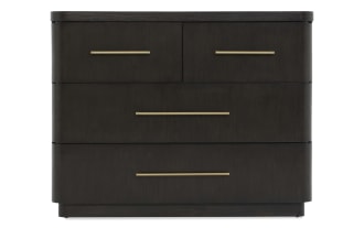 Dark wood dresser with four drawers, featuring sleek rounded corners and long horizontal brass handles, suitable for modern bedroom storage.