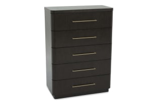 Dark wood five-drawer chest with rounded edges and sleek brass handles, featuring a modern minimalist design for bedroom storage.