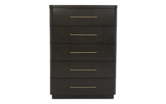 Dark wood five-drawer chest with rounded edges and sleek brass handles, featuring a modern minimalist design for bedroom storage.