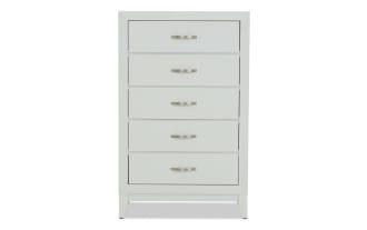 White wooden chest of drawers with five spacious drawers and silver metal handles, featuring a modern minimalist design for bedroom storage.