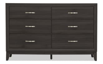 Dark wood six-drawer dresser with brushed metal handles, modern design, rectangular frame, and tapered legs for bedroom storage.