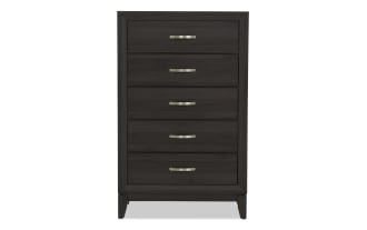 Dark wood five-drawer chest with silver metal handles, modern design, sturdy legs, suitable for bedroom storage furniture.