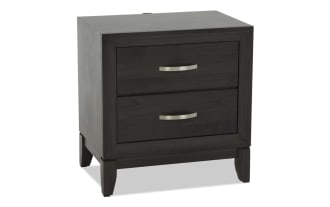 Dark brown wooden nightstand with two drawers, silver metal handles, and a modern, minimalist design.