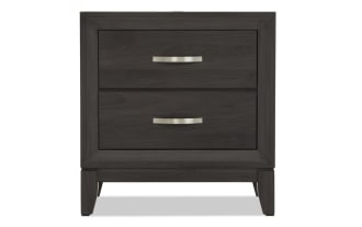 Dark brown wooden nightstand with two drawers, silver metal handles, and a modern, minimalist design.