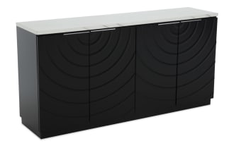 Modern black storage cabinet with four doors featuring a concentric circle embossed design and a white marble top, ideal for stylish home organization.
