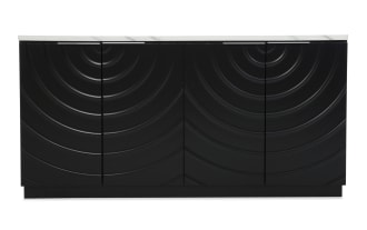 Modern black storage cabinet with four doors featuring a concentric circle embossed design and a white marble top, ideal for stylish home organization.