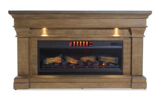 Electric fireplace with realistic glowing logs and embers, set in a rustic wooden mantel with built-in overhead lights, ideal for home heating and decor.