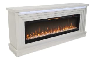 Modern electric fireplace with white wooden frame, realistic flame effect, crystal-like embers, and digital temperature display set to 72°F.