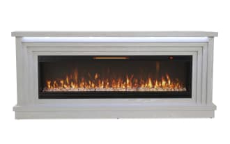 Modern electric fireplace with white wooden frame, realistic flame effect, crystal-like embers, and digital temperature display set to 72°F.