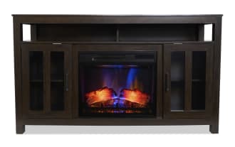 Dark brown wooden electric fireplace TV stand with glass-paneled cabinet doors, open shelf, and realistic glowing log fire insert.