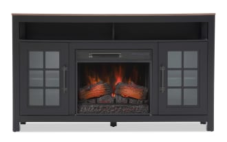 Black electric fireplace TV stand with wood top, two glass-paneled cabinets, open shelf, and realistic flame effect logs