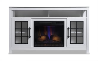 White wooden electric fireplace TV stand with black metal grid glass cabinet doors, open shelf, and realistic flame effect logs.
