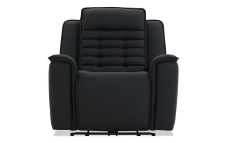 Black leather recliner chair with padded armrests and cushioned backrest featuring horizontal stitching, designed for comfort and relaxation.