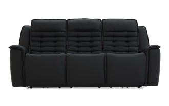 Black three-seater reclining sofa with padded armrests and segmented cushioned backrests, designed for comfort and modern living rooms.