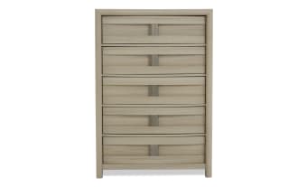 Light wood five-drawer chest with horizontal panel design and metal handles, suitable for bedroom storage and organization.