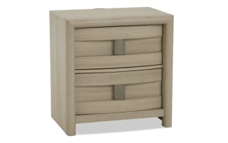 Light wood nightstand with two horizontal drawers, curved edges, and rectangular metal handles, featuring a modern minimalist design.