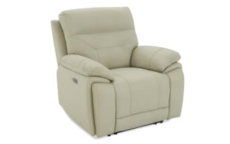 Beige leather recliner chair with padded armrests and cushioned backrest, designed for comfort and relaxation in living spaces.