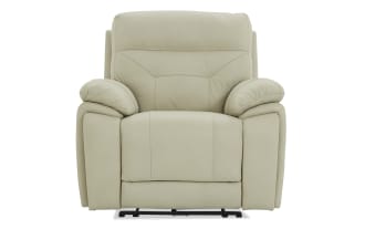 Beige leather recliner chair with padded armrests and cushioned backrest, designed for comfort and relaxation in living spaces.