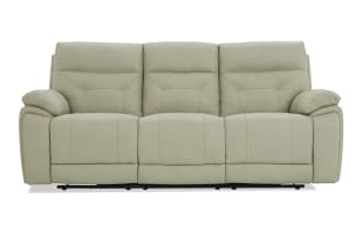 Beige leather reclining three-seater sofa with padded armrests and cushioned backrests, designed for living room comfort and style.