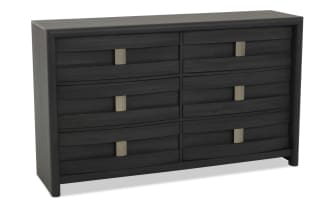 Dark wood six-drawer dresser with horizontal panel design and rectangular metal handles, featuring a modern, minimalist style.