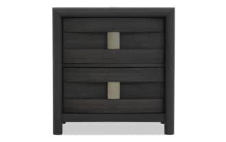 Dark wood nightstand with two drawers, featuring horizontal slats and rectangular metal handles, modern bedroom furniture design.