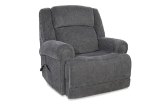 Dark gray fabric upholstered recliner chair with padded armrests and cushioned backrest, designed for comfortable living room seating.