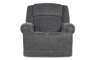 Dark gray fabric upholstered recliner chair with padded armrests and cushioned backrest, designed for comfortable living room seating.