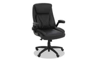 Black ergonomic office chair with padded armrests, quilted backrest, adjustable height, and five caster wheels for mobility.