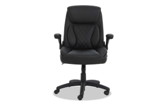 Black ergonomic office chair with padded armrests, quilted backrest, adjustable height, and five caster wheels for mobility.