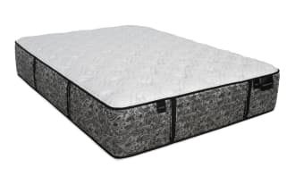 Distinction Hybrid 15'' California King Dual Mattress with plush and firm sides, gray paisley fabric, black trim, and white quilted top, from Distinction collection.