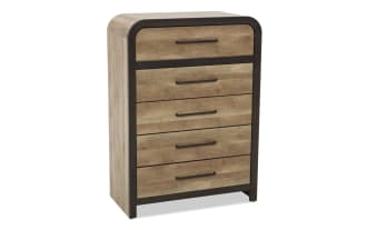 Tall wooden dresser with five drawers, featuring a natural wood finish and dark metal frame and handles, suitable for bedroom storage.