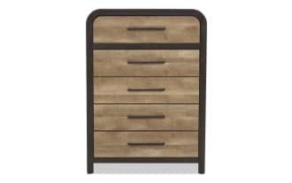 Tall wooden dresser with five drawers, featuring a natural wood finish and dark metal frame and handles, suitable for bedroom storage.
