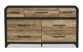 Wood and metal dresser with six large drawers and three smaller top drawers, featuring black handles and a rustic industrial style.