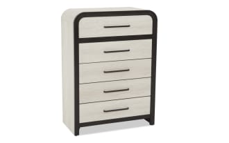 Chest of drawers with five spacious drawers, featuring a two-tone design with light wood fronts and dark brown frame, modern handles, ideal for bedroom storage.