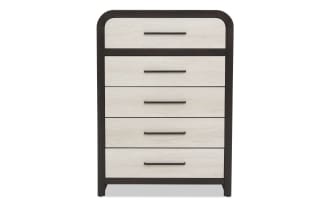 Chest of drawers with five spacious drawers, featuring a two-tone design with light wood fronts and dark brown frame, modern handles, ideal for bedroom storage.
