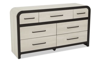 Modern dresser with six drawers and three smaller top drawers, featuring light wood finish with dark brown frame and handles, suitable for bedroom storage.