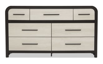 Modern dresser with six drawers and three smaller top drawers, featuring light wood finish with dark brown frame and handles, suitable for bedroom storage.