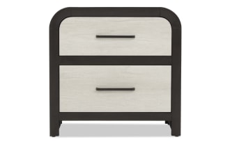 Two-drawer nightstand with light wood finish drawers and dark wood frame, featuring black metal handles and rounded top corners.