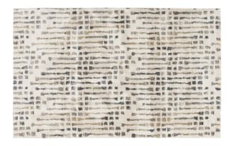 Rectangular area rug with a modern abstract pattern in neutral tones of beige, gray, and taupe on a cream background, featuring a textured, soft pile surface suitable for living rooms or bedrooms.