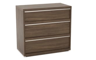Three-drawer wooden dresser in dark walnut finish with minimalist design and horizontal silver handles, suitable for bedroom storage.