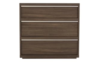 Three-drawer wooden dresser in dark walnut finish with minimalist design and horizontal silver handles, suitable for bedroom storage.