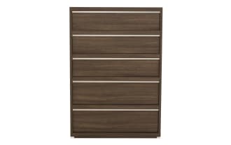 Five-drawer wooden chest in dark walnut finish with sleek horizontal metal handles, modern storage furniture for bedrooms or offices.