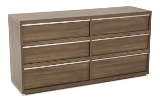 Six-drawer wooden dresser in walnut finish with horizontal silver metal handles, modern design for bedroom storage furniture.