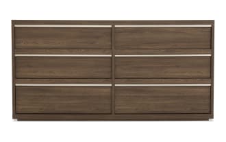 Six-drawer wooden dresser in walnut finish with horizontal silver metal handles, modern design for bedroom storage furniture.