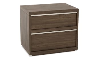 Modern two-drawer wooden nightstand with dark walnut finish and sleek silver handles, featuring a minimalist design for bedroom storage.