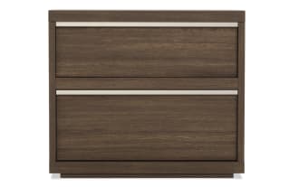 Modern two-drawer wooden nightstand with dark walnut finish and sleek silver handles, featuring a minimalist design for bedroom storage.