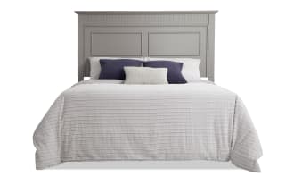 Queen gray panel headboard from the Spencer collection, featuring transitional style with hardwood solids, MDF, plywood, and poplar materials.