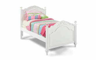 Madelyn Full White Panel Bed with pink floral bedding, pine and poplar solids, glam style, heart and flower trim, and faux crystal ball bedposts.